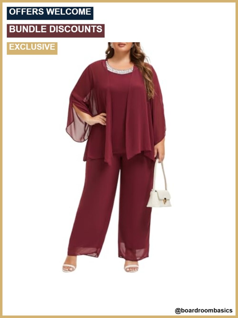 Plus Size Mother of the Bride 3 Piece Chiffon Pantsuit Set with Hand Sewn